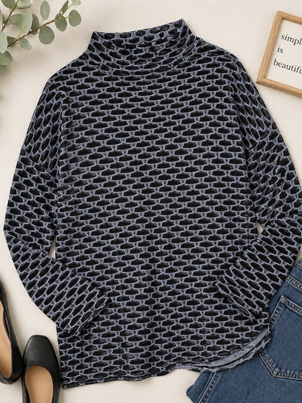 NIC+ZOE Black Gray Blue Geometric Knit Mock Neck Pullover Top PL